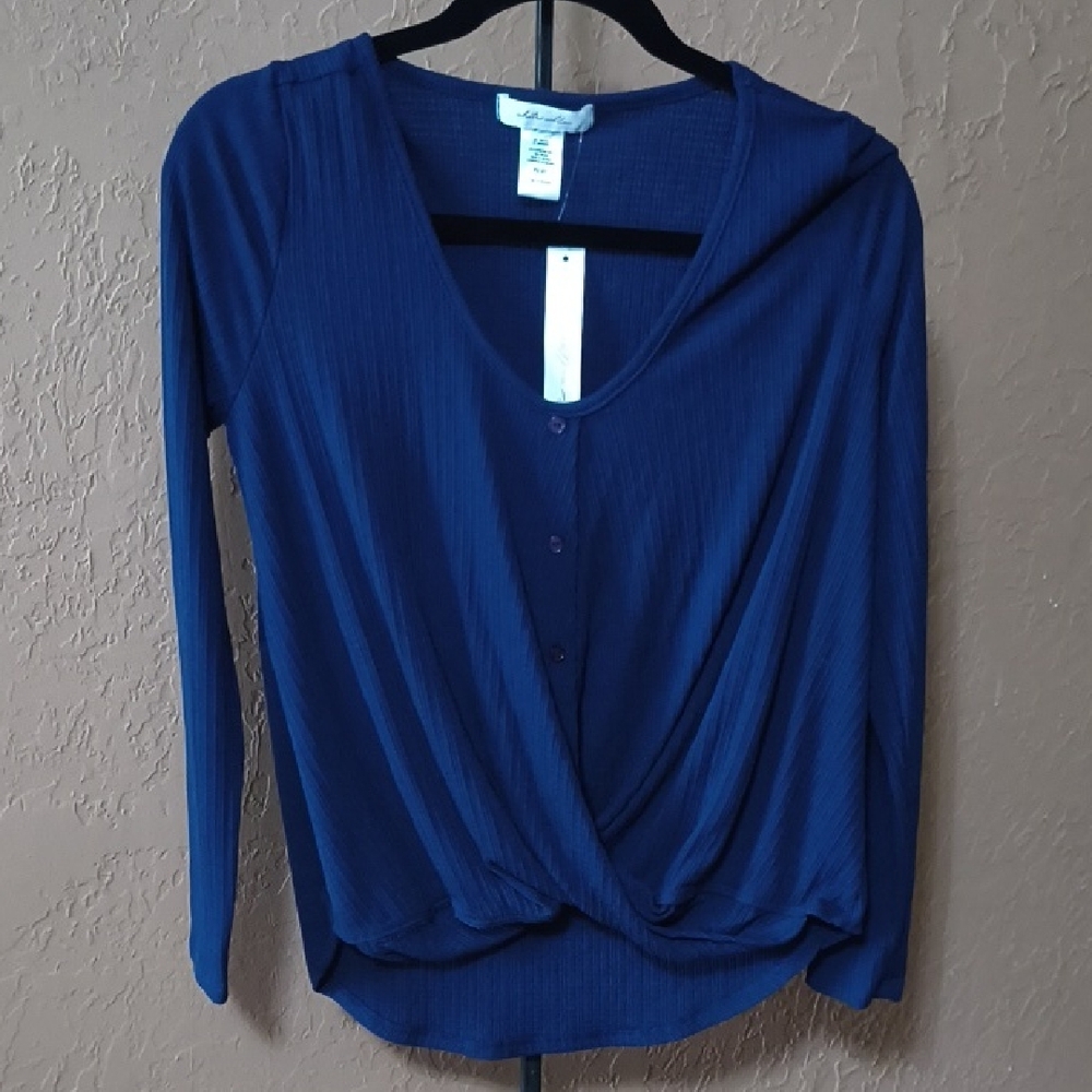 White Willow Women's Navy Long Sleeve Blouse Hi-Low Hem Size XS